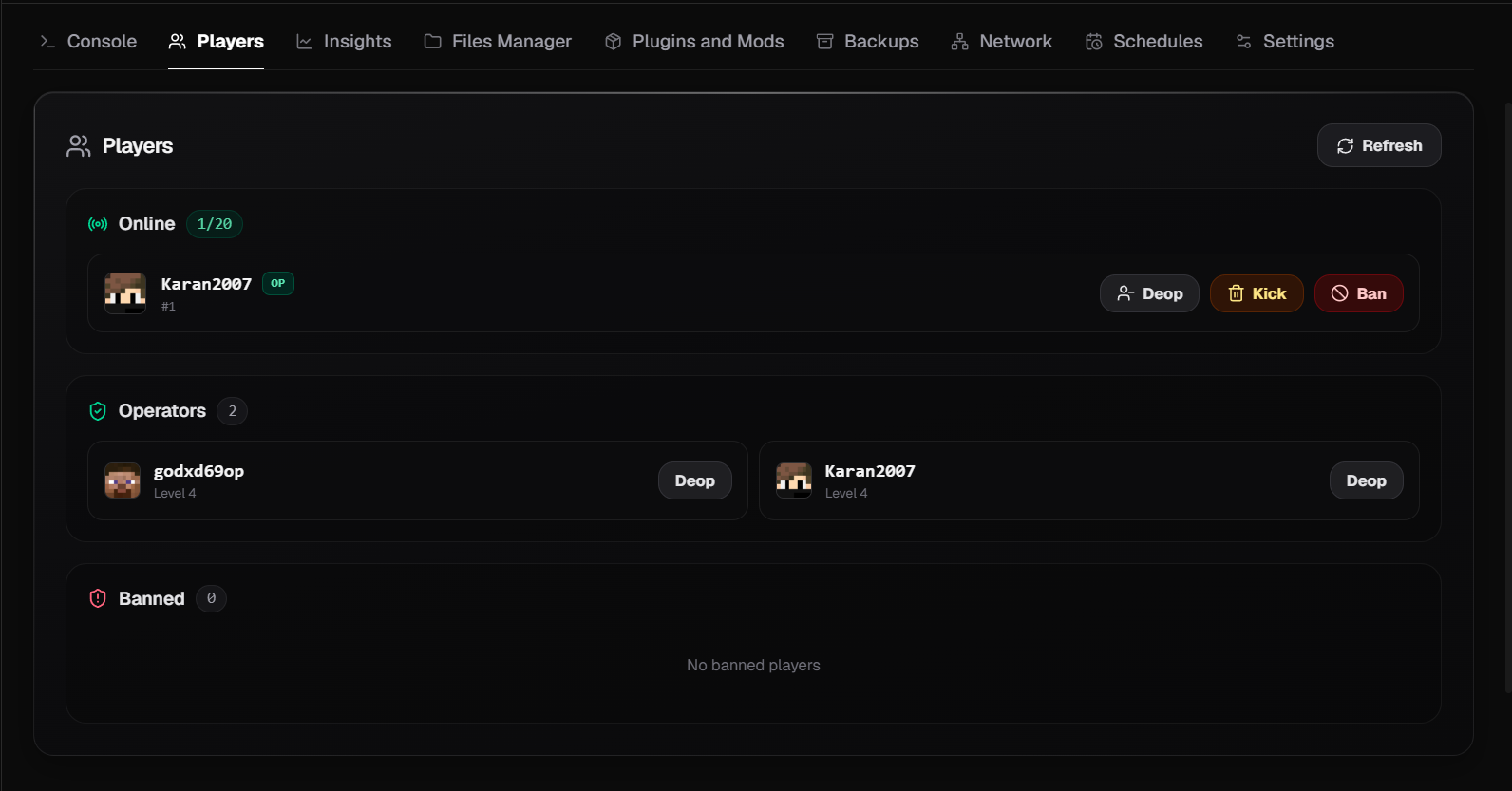 QeinTech Players tab showing online players, operators, and ban controls