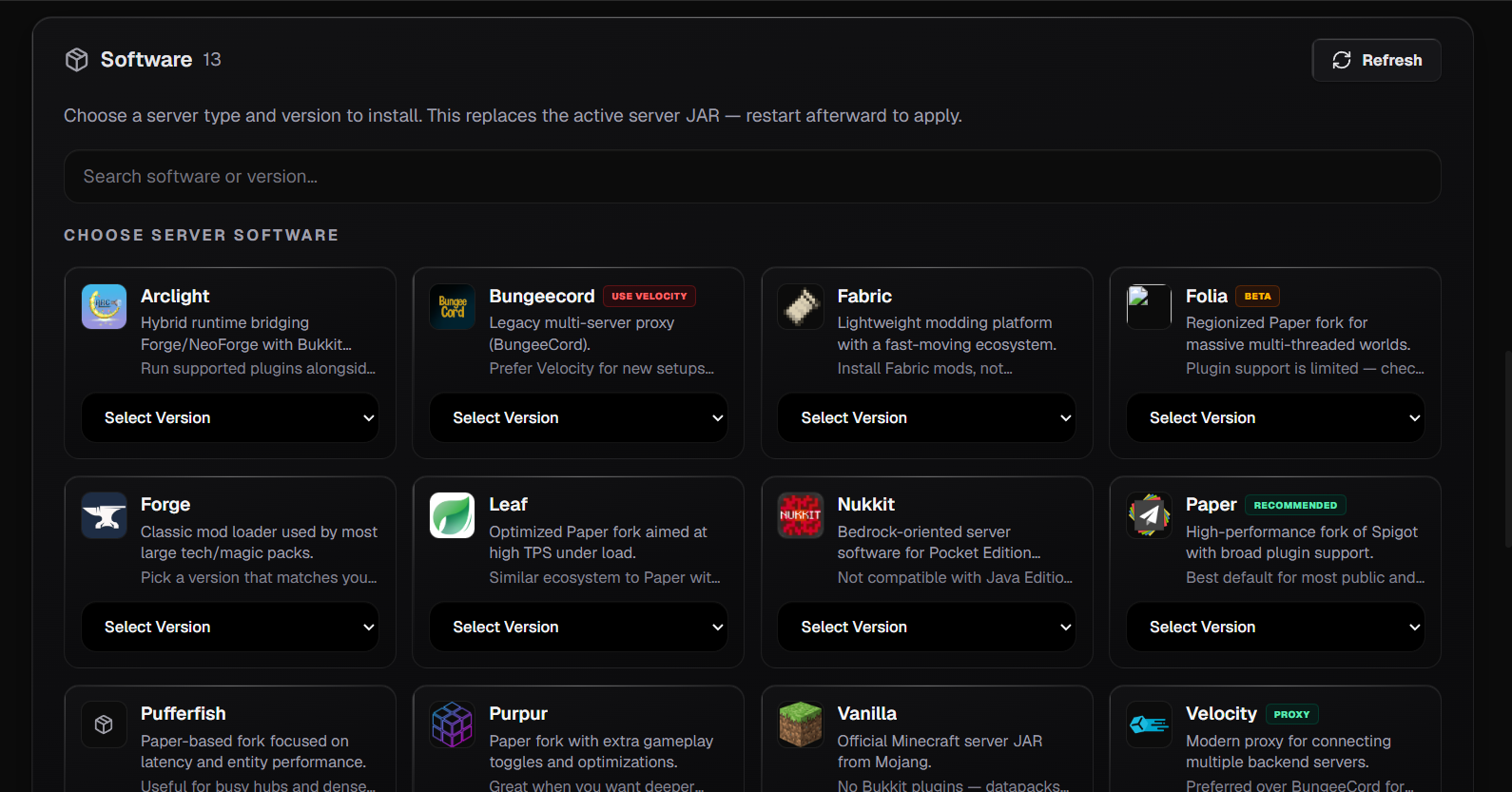 Selecting the software engine and Minecraft release version